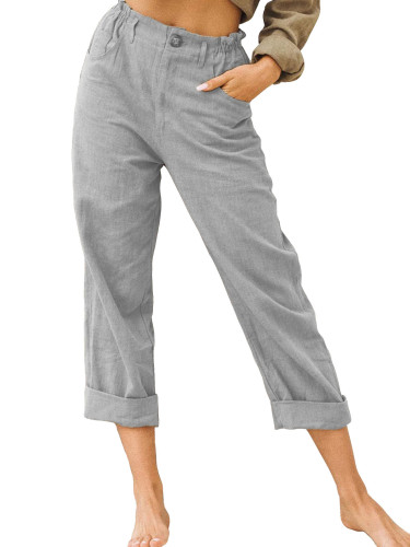 Copy Solid Color Cotton Linen Fashion Loose High Waist Casual Trousers