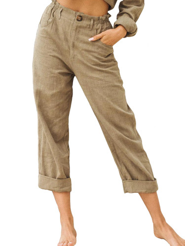 Solid Color Cotton Linen Fashion Loose High Waist Casual Trousers