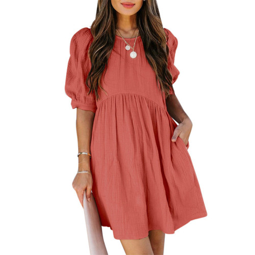 Loose Puff Sleeve Plus Size Breasted Solid Dress