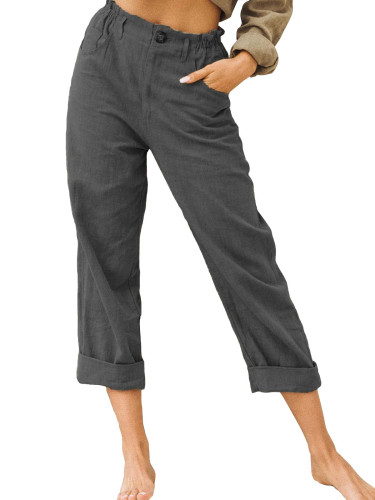 Solid Color Cotton Linen Fashion Loose High Waist Casual Trousers