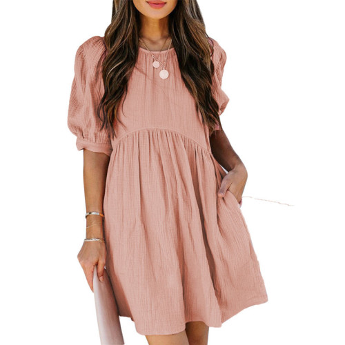 Loose Puff Sleeve Plus Size Breasted Solid Dress