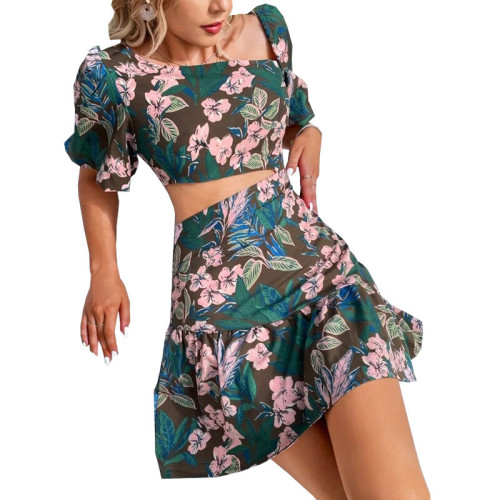 Plus Size Floral Short Sleeve Two Piece Dress