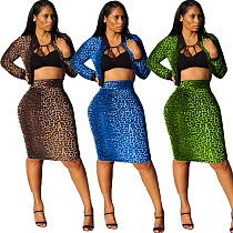Sexy Leopard Print Zipper Midi Skirt Sets Two Pieces ARM-8128