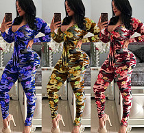 Sexy V Neck Camouflage Printing Tight Long Jumpsuit MEI-9061