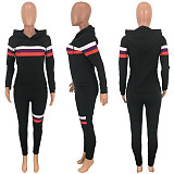 Casual Hooded Stripe Pocket Pants Suit 2 Pieces MEI-9073