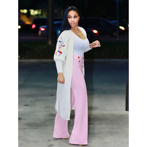 Women Solid Embroidered Long Sweater Cardigan MOY-5166