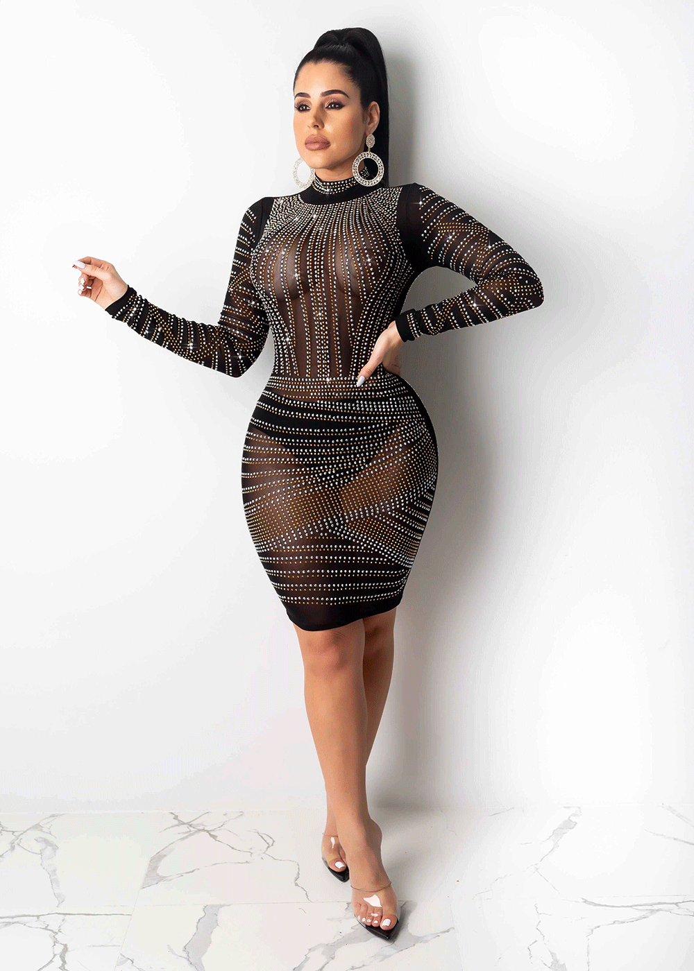 US$ 13.87 - See-through Rhinestone Long Sleeve Nightclub Dress NY-8865