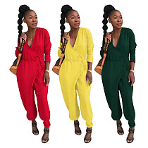 Women Solid Color V Neck Loose Bloomers Jumpsuit OY-6066