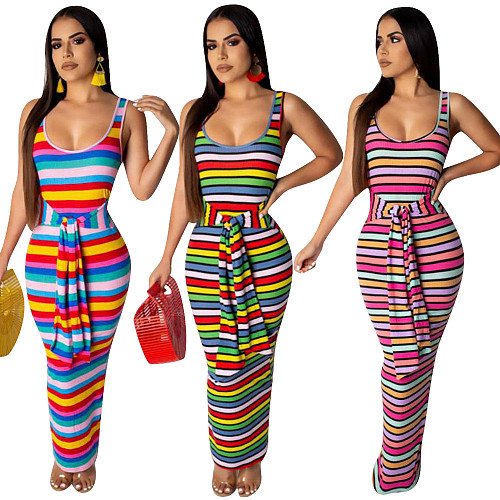 Colorful Stripes Strappy Tank Ankle-length Maxi Dress OYF-8046