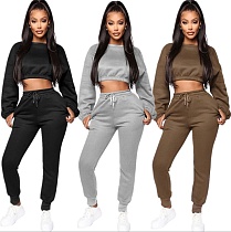 Solid Color Full Sleeve Crop Top and Bodycon Pants 2 Pieces YMT-6113
