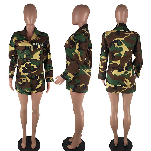 Camouflage Long Sleeve Lapel Pockets Coat ME-045