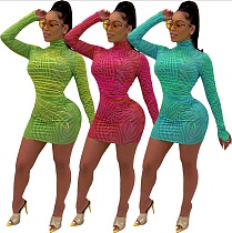 Sexy Printing High Neck Long Sleeves Package Hips Nightclub Short Dress ML-7252