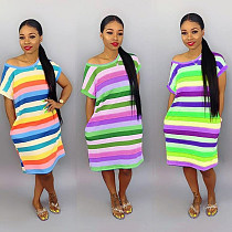Colorful Striped Short Sleeves Loose Maxi Dress BS-1063