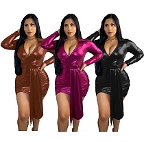 Sexy Deep V Full Sleeves Package Hips Mini Dress MDF-5111