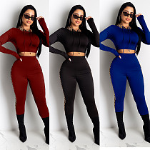 Leopard Hooded Crop Tops+Skinny Solid Pants Suits CHY-1206
