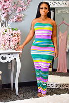 Sexy Wrapped Chest Colorful Stripes Folds Skinny Maxi Dress ML-7224