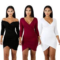 Women Solid Color Full Sleeves Irregular Mini Dress MZ-2339