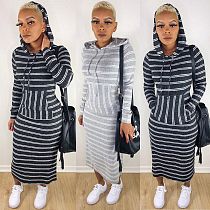Casual Women Stripe Hoodies Ankle-length Dress YM-9188