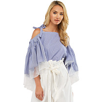 Fashion Pleated Off Shoulder Mesh Patchwork Tops YM-9163