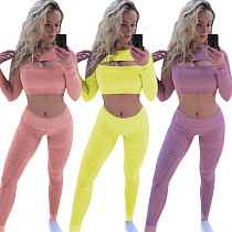 Leisure Women Hollow Out Crop Top and Bodycon Pants 2 Pieces Set CM-179