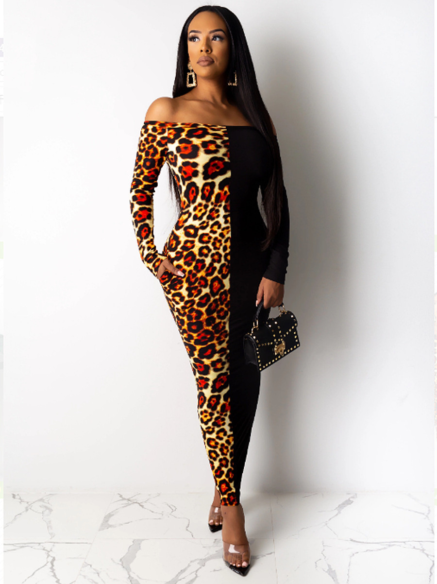 US$ 7.58 - Sexy Off Shoulder Leopard Print Splicing Tight Long Dress ...