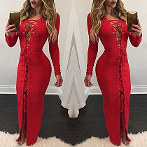 Red Long Sleeves Lace-up Skinny Maxi Dress BN-9046