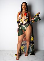 Stylish Printed Sexy Halter Backless Bikinis with Cloak OMY-5095