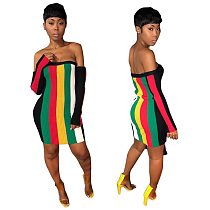 Sexy Strapless Off Shoulder Rainbow Stripes Mini Bodycon Dress MOY-5060