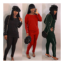 Leisure Round Collar Long Sleeves Nail Bead Two Pieces Pants Suits HM-6170