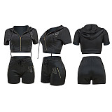 Fashion Zipper Crop Hoodies With Skinny Shorts 2 Pieces Outfits YD-8189