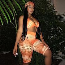Fishnet Mesh 3 Pieces Set Head Scarf And Bra And Shorts YM-9026