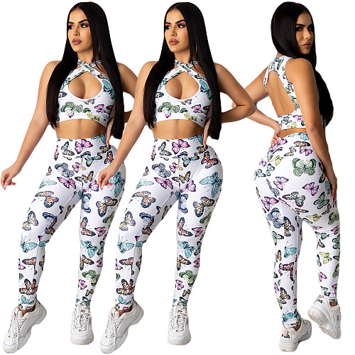 2020 Butterfly Printed Sleeveless Crop Vest With Pants 2 Pieces YIY-5153