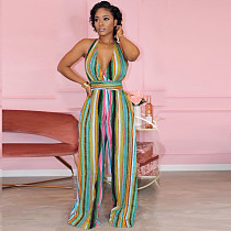 2020 Sexy Backless Halter Stripes Long Jumpsuit BGN-046