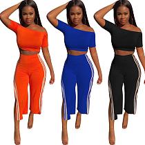 Sexy Off Shoulder Striped Crop Top And Slits Pants 2pcs Suits YN-9061
