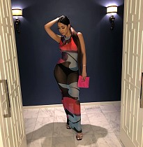 Sexy Perspective Gauze Sleevelesss Printed Nightclub Maxi Dress DM-8115