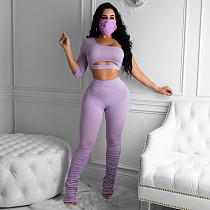Sexy Hollow Out Single Sleeve Crop Top With Stack Pants 2 Pieces Set RM-6283
