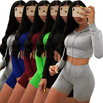 Women Long Sleeve Crop Hoodies With Bodycon Shorts 2 Pieces Sets ASL-6260