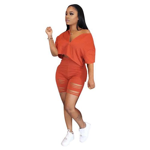 Sexy Burn Out Pure Color Two Pieces Shorts Suits Plus Size  QY-5183