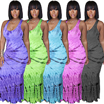 Casual Tie-Dye Printed Round Neck Sleeveless Maxi Dress YS-8533
