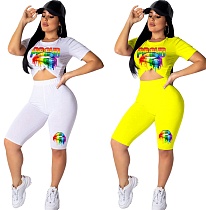 Casual Color Contrast Printed Short Sleeve T-shirt + 5 Minutes Pants Two-piece Set HMS-5205
