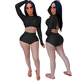Sexy Gauze Hollowed-out Long Sleeve Blouse and Short Pants Two-piece Set BY-3573