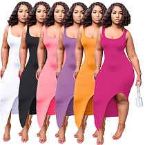Sexy Solid Color Milk Silk Sleeveless Slit Dress MYP-8915
