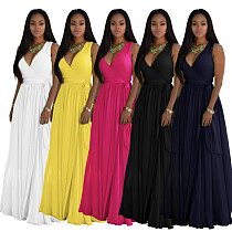 Fashion Solid Color Sleeveless Chiffon V-Neck Dress SMR-9363