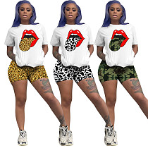 Hot-Selling Lip Print Short-Sleeved T-shirt and Shorts Two-piece Set YN-095
