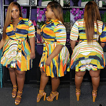 Plus-Size Irregular Striped Printed Polo Neck Dress HEJ-5094