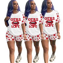 Casual Star Lip Print Round Neck Short Sleeve Shorts Set Of Two Pieces BLN-2067