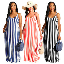Casual Loose Striped Print Sleeveless V-Neck Dress SMR-9615