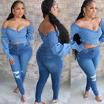 Fashion Denim Fabric V-Neck Long Sleeve Bodice SC-823