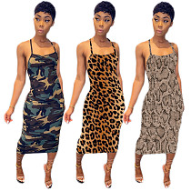Sexy Print Collect Waist Slim Cross Halter Dress MK-3005