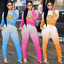 Digital Print Gradient Sweater Lacing Trousers Casual Two-piece Suit SHUN-8031